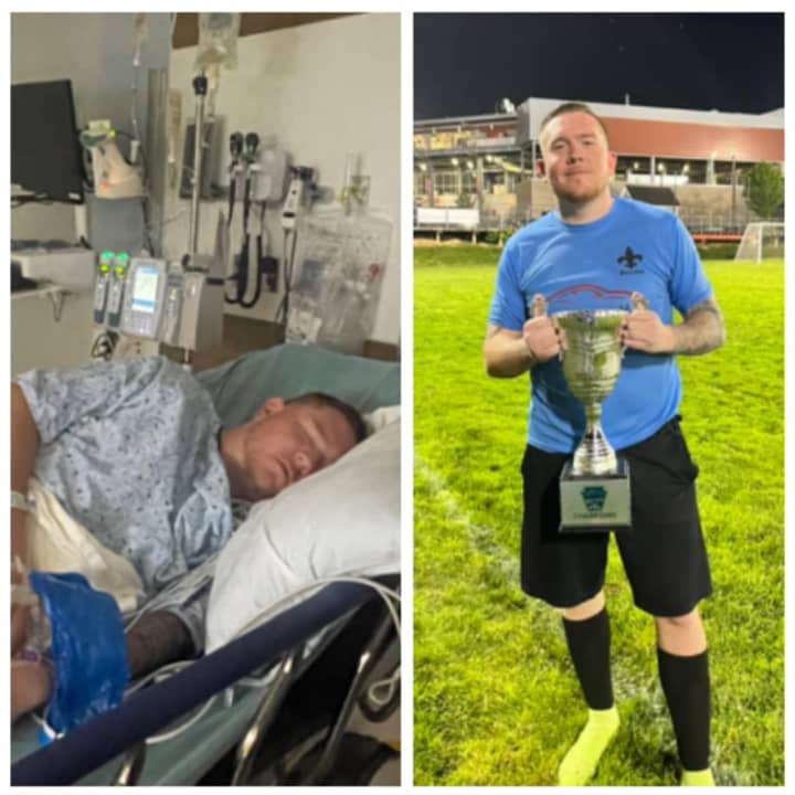 Scotty Patrick in the hospital in the middle of September (left) and Scotty holding the trophy for the Central PA Men&#x27;s Unity Cup 2023 (right).
