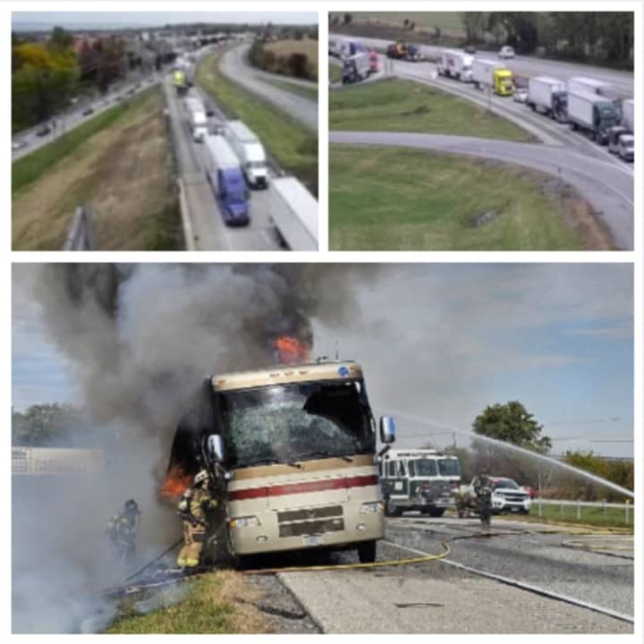 The scene of the RV fire on Interstate 81 and the traffic backup it caused.&nbsp;