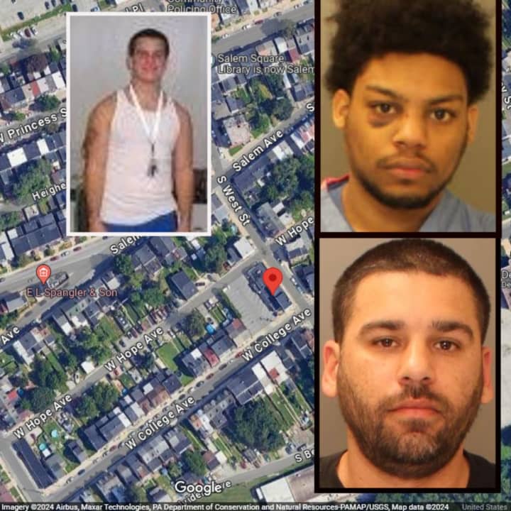 Jared Harpster (top left) who died from injuries he allegedly received from Andy Williams Ramos-Alicea Sr. (bottom right) and&nbsp; Andy Ramos-Alicea Jr.(top right), and a map showing the area where the fight supposedly happened.