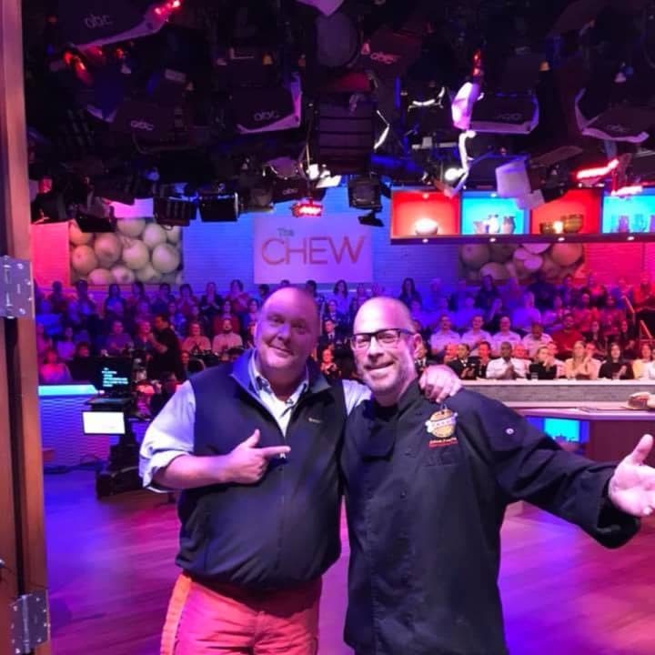Adam Powers (right) poses with Mario Batali of ABC&#x27;s &quot;The Chew.&quot;