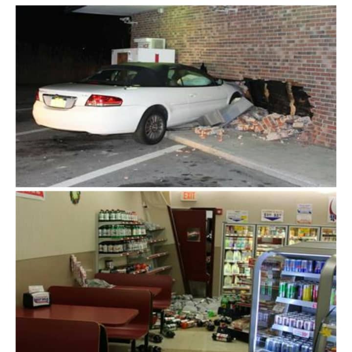 A New Hampton woman crashed her vehicle into the side of a Goshen Stewart&#x27;s and caused extensive damage.