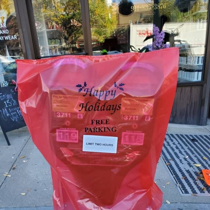 Parking meters in downtown Mamaroneck on Mamaroneck Avenue will have a festive plastic bag placed over them to make sure visitors don&#x27;t pay for parking during the holidays.