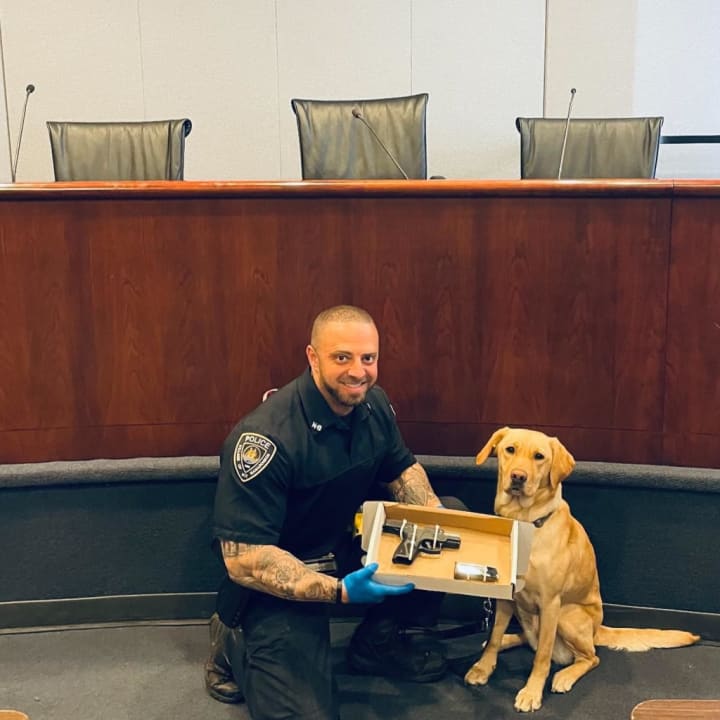 Village of Mamaroneck Officer Colasacco pictured with his K9 partner, Ike. The two discovered a loaded 9mm semi-automatic handgun during a traffic stop.