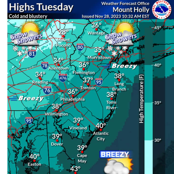 Snow showers are possible across North Jersey Tuesday, Nov. 28, the National Weather Service says.