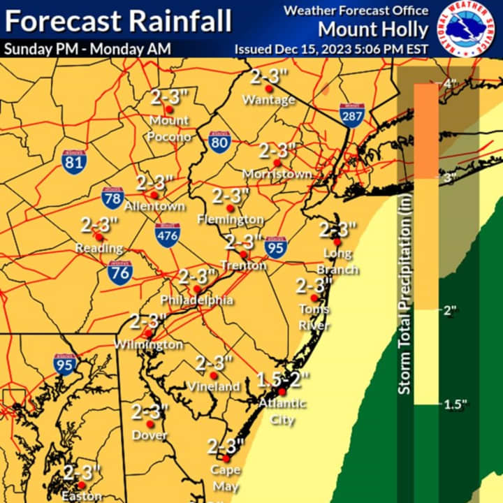 Between two and three inches of rain is expected across New Jersey this weekend, according to the National Weather Service.