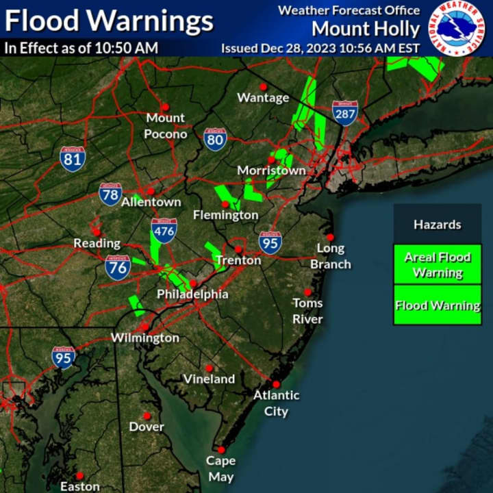 Flood warnings in effect across New Jersey.