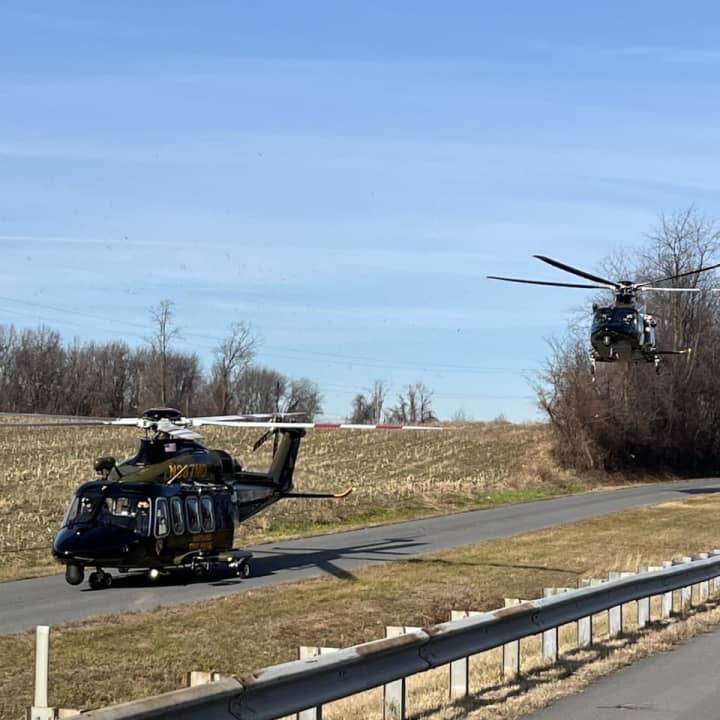 Helicopters at the scene of the crash in Frederick
