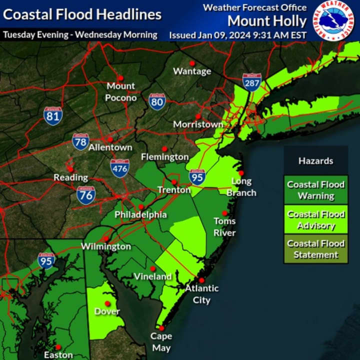 Coastal flood advisories in effect along the Jersey Shore.