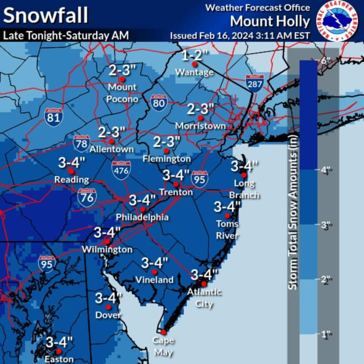 A National Weather Service map of snowfall projections in New Jersey for a winter storm on Saturday, Feb. 16.