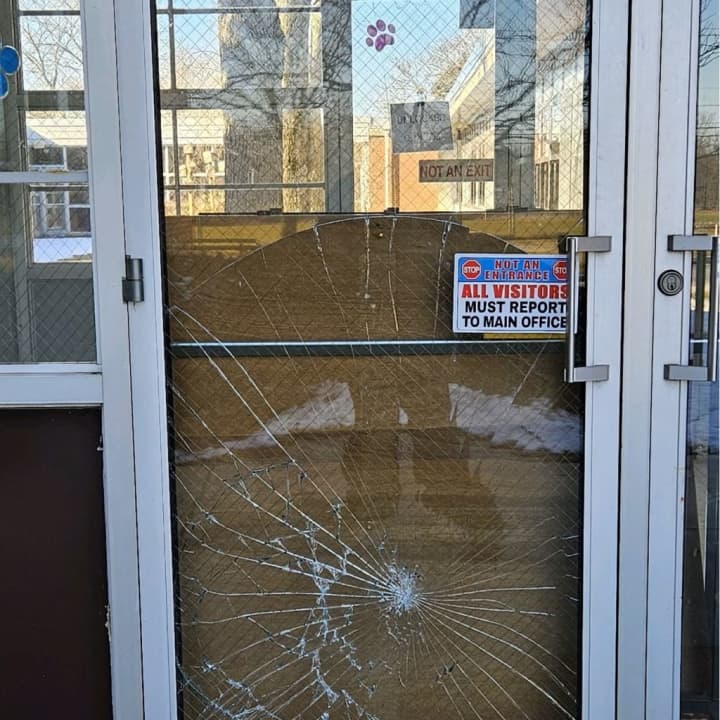 Damage to a door at the Griebling School in Howell Township, NJ, after a deer crashed into it.