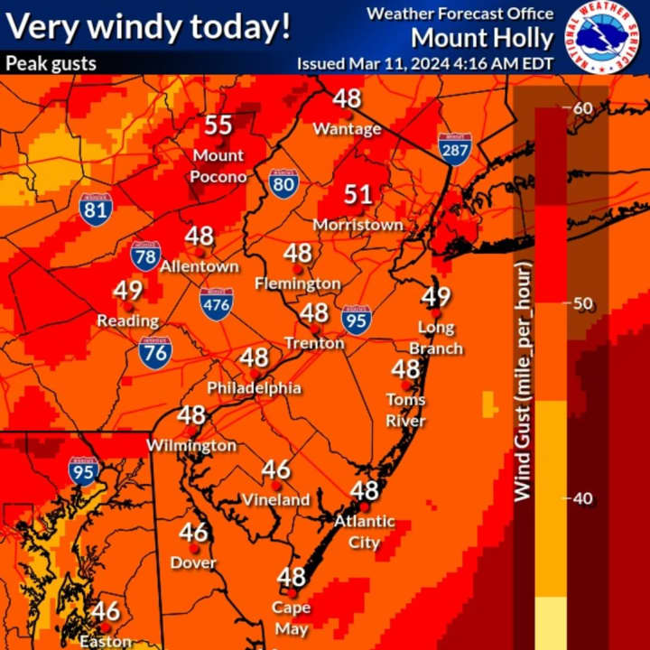 Peak wind gusts up to 50 mph for most of New Jersey.