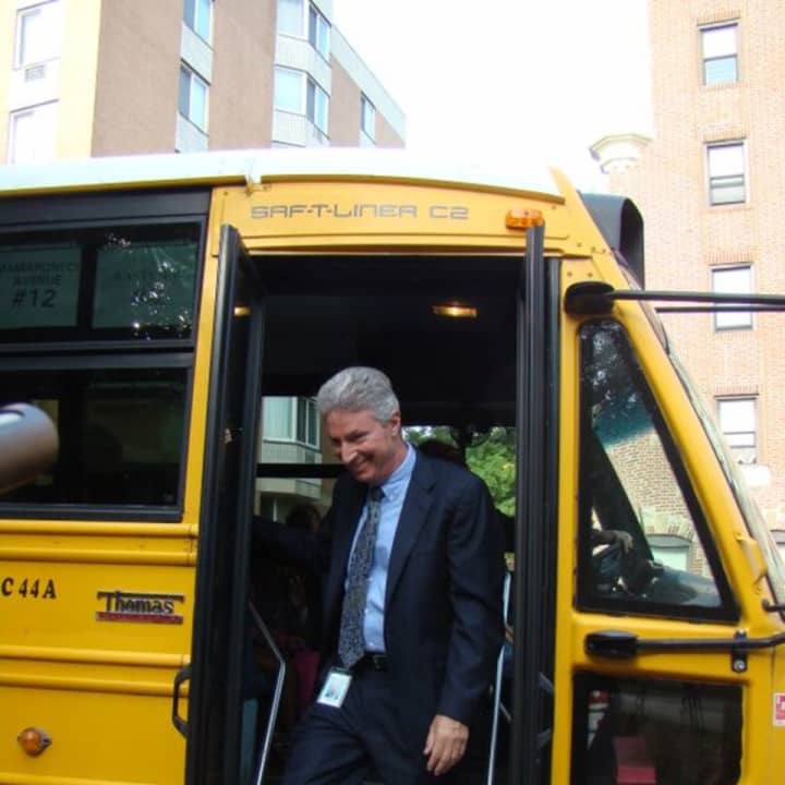 Superintendent of White Plains School District Dr. Paul Fried rode a bus with elementary kids on the first day of school. 