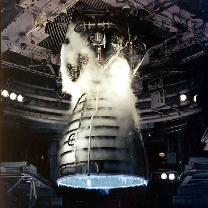 A remote camera captures a close-up view of a Space Shuttle Main Engine during a test firing at the John C. Stennis Space Center in Hancock County, Mississippi.
