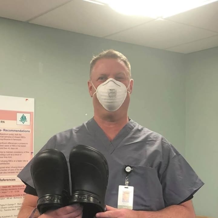 Persian Gulf war veteran and retired Park Ridge police officer Scott Laughton&#x27;s second career is as a nurse on the front lines of the global war against coronavirus. He thanked Jamie Lynn for his new work Crocs at Holy Name Hospital in Bergen County.
