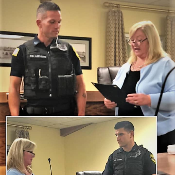 Allendale Police Officers Kevin Azevedo and Alex Helmer (inset) received awards from Mayor Liz White. Officer Chelsea Ferrara was unable to attend the ceremony at Thursday night&#x27;s mayor and council meeting.