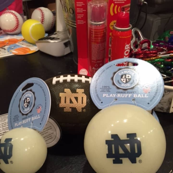 All Paws Gourmet Pet Boutique is now selling mini footballs and balls with Notre Dame logos.