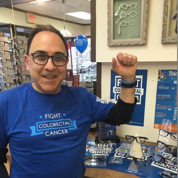 Fort Lee business owner and cancer survivor Bob Ceragno sports a &quot;Fight Colorectal Cancer&quot; t-shirt.