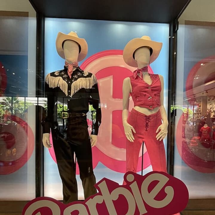 Barbie and Ken costumes worn by Margot Robbie and Ryan Gosling in the Barbie movie (2023) at Warner Bros. Studio Tour Hollywood.