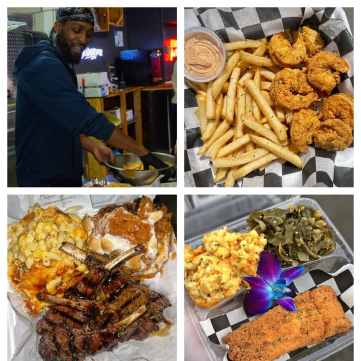 Trye Holman, owner of Everybody Eatz in Bridgeport groovin&#x27; to some tunes as he whips out shrimp plates, lamb chops, and fried fish.