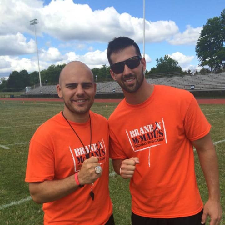 Hasbrouck Heights coach Adam Baeira (left) teamed up with the Anti Bully Squad, co-created by Denver Bronco Brandon McManus (right)