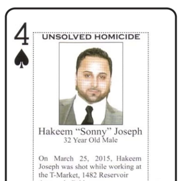 One of the cold case playing cards, featuring information about the unsolved murder of Hakeem &quot;Sonny&quot; Joseph