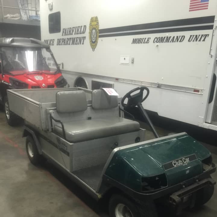 Police say two teens took this groundskeeper&#x27;s cart from the Carl J. Dickman Par 3 in Fairfield, leading officers on a brief foot chase Friday night.