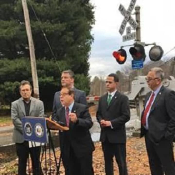 From left, Alan Brody, husband of Ellen Brody; Sen. Terrence Murphy, Assemblyman Tom Abinanti, Sen. David Carlucci and Mount Pleasant Supervisor Carl Fulgenzi, speak about railroad crossing safety in Valhalla Thursday.