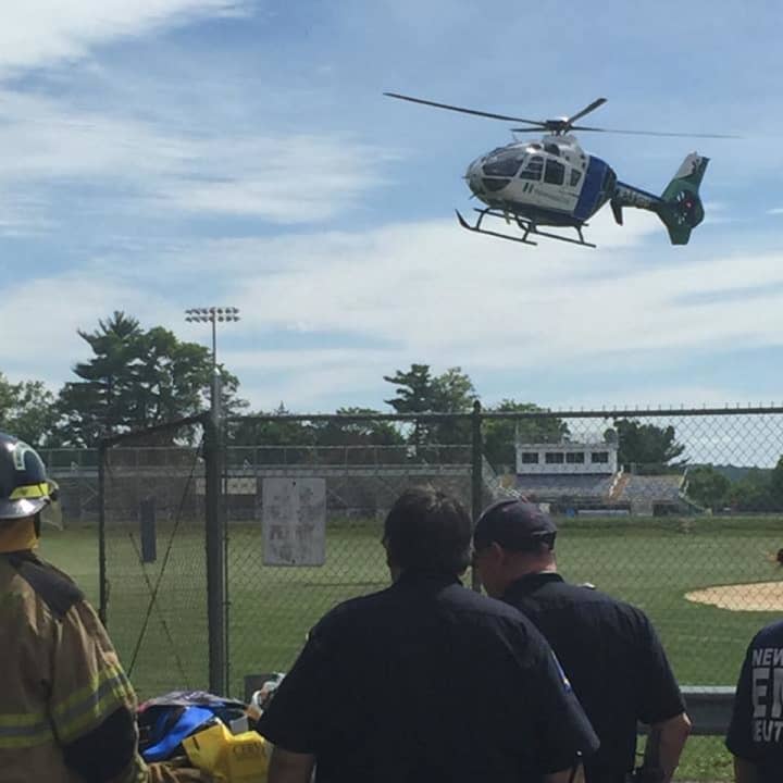 A STAT Flight helicopter aided the Clarkstown Police Department in the driving while texting accident demonstration at Clarkstown North High School.