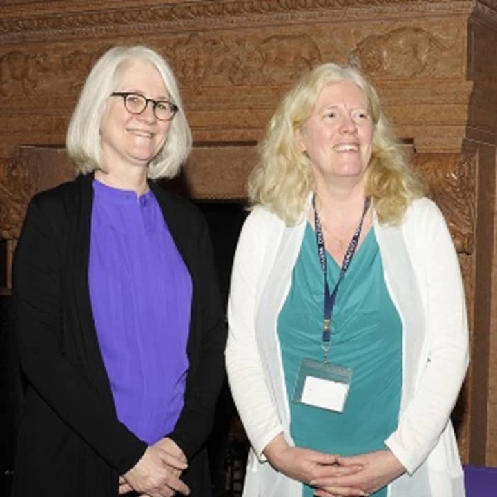 Dr. Susan Cowles-Dumitru (right), Westlake Middle School art teacher, won a grant from the Teacher Center of Central Westchester. At left is Mary Ellis, the school&#x27;s director of curriculum and instruction.