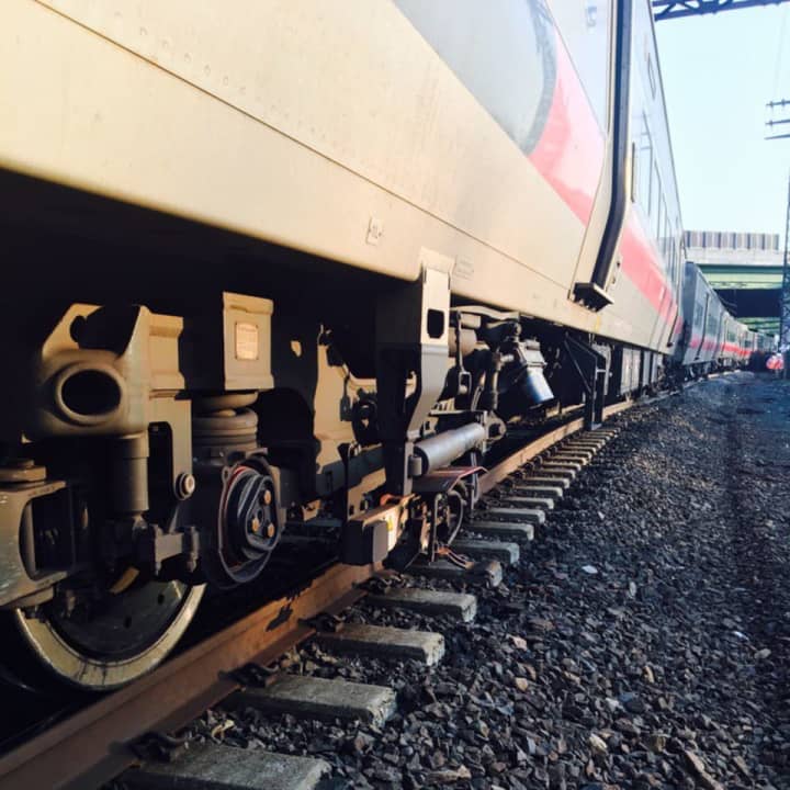 The wheels on a number of the cars are off the tracks in a minor derailment on Metro-North&#x27;s New Haven Line near Rye, N.Y.