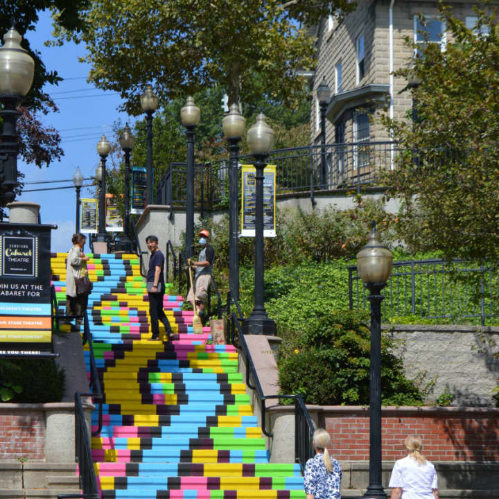 Downtown denizens were already enjoying &quot;Painted Staircase&quot; Thursday afternoon.