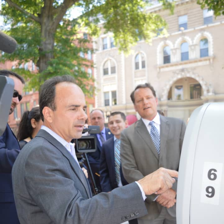 Bridgeport Mayor Joe Ganim tried one of the state-of-the-art parking meters installed downtown in 2016.