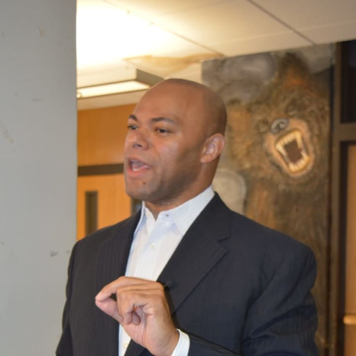 M. Quentin Williams, author of &quot;How Not to Get Killed by the Police,&quot; spoke to Norwalk High School students on Thursday.