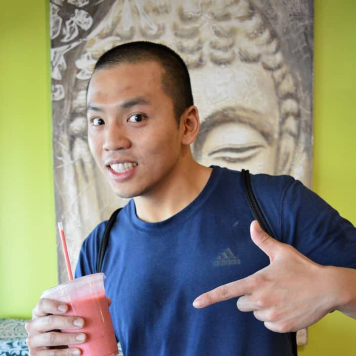 Alan Ho of Waldwick loving his Kinky Reggae &quot;smovee&quot; at the new SuperJuice Nation on Wyckoff Avenue in Wyckoff.