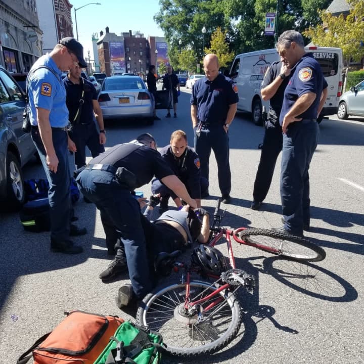 A bicyclist was struck on Lawton Street near the intersection of Main Street in New Rochelle.