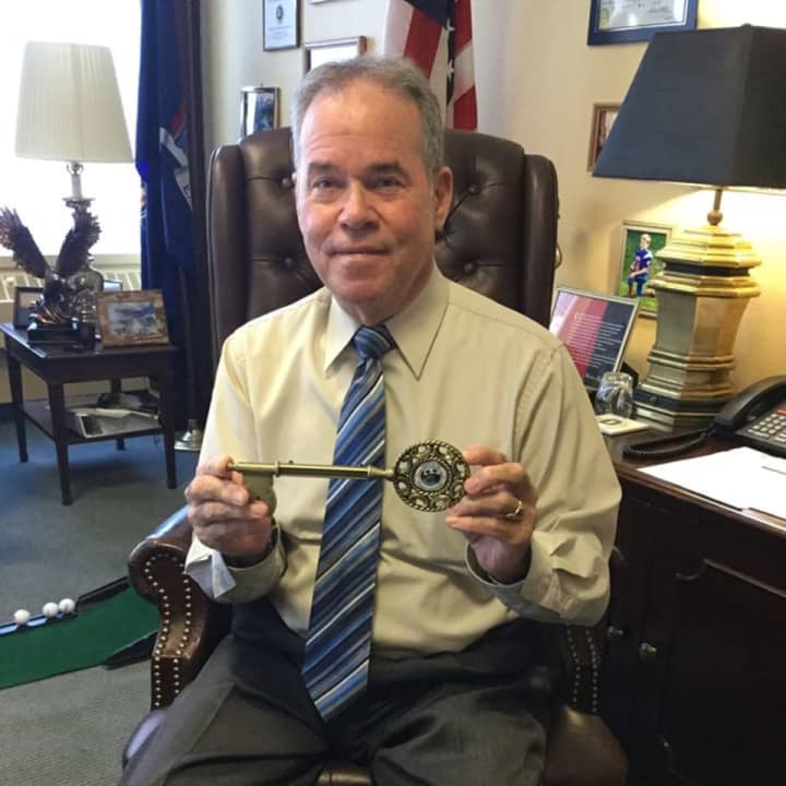 County Executive Ed Day holding the Key to Rockland County, which will be presented to Suffern&#x27;s Grace VanderWaal after she won &#x27;America&#x27;s Got Talent.&quot;