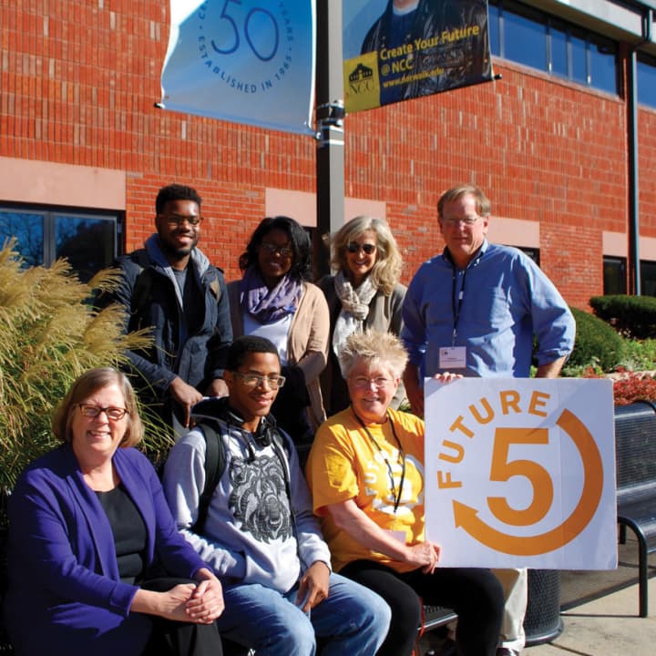 Front row: Ann Rogers, Norwalk Community College Foundation executive director, Future 5 student Trevon and coach Martha Cook. Back row: F5 students Stanley and Michelle, coach Julie Horowitz, and Future 5 founder &amp; executive director Clif McFeely