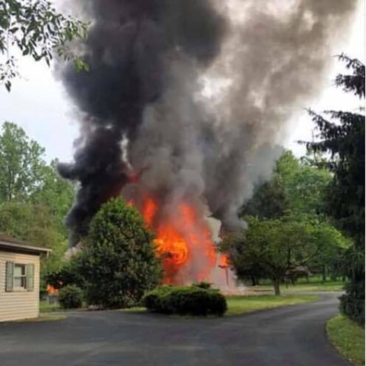 House on fire following an explosion in Mount Joy, Lancaster County, Pennsylvania.