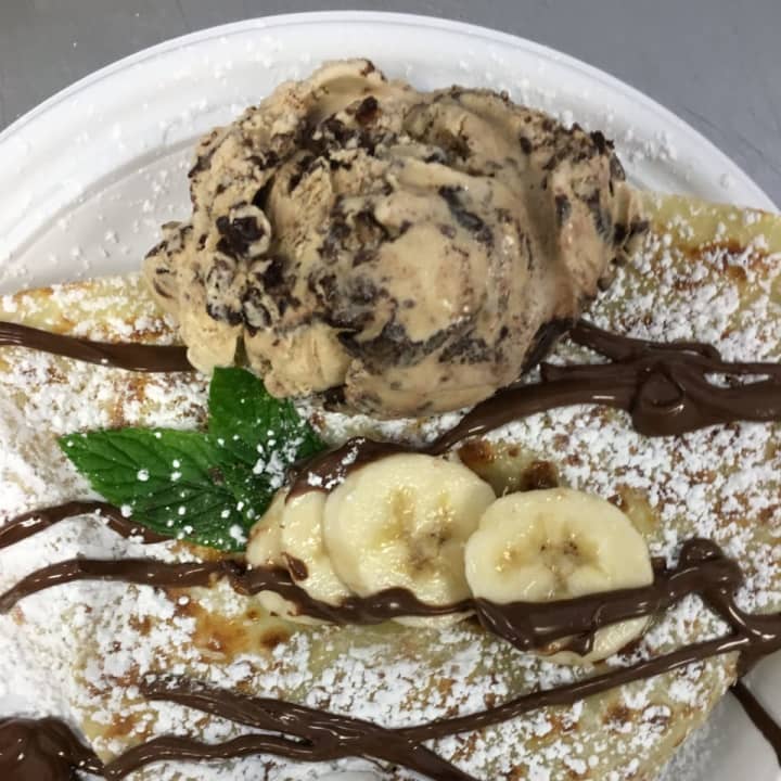 Cappuccino Crunch atop a banana and Nutella crepe at Field of Creams Cafe in Mahwah.