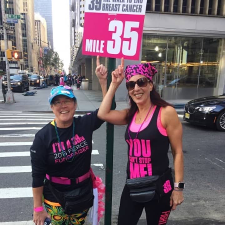 Fishkill resident Dawn Fortis, right, a breast cancer survivor poses with a another walker at last year&#x27;s Avon 39 walk in New York City in 2016.