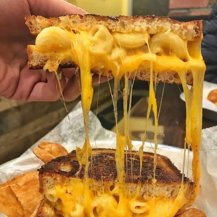 Mac and cheese grilled cheese served at AJ&#x27;s