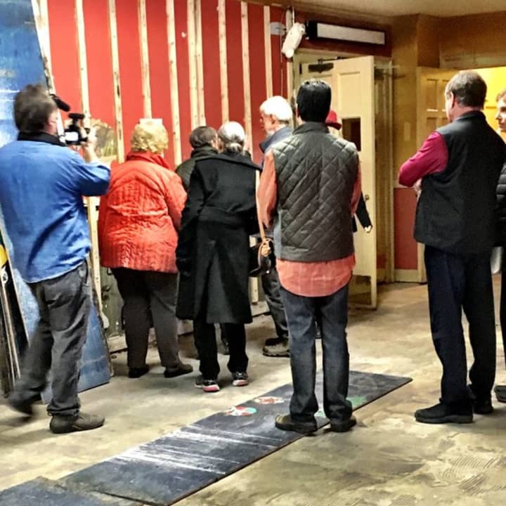 Group takes hard-hat tour of the Bedford Playhouse. 