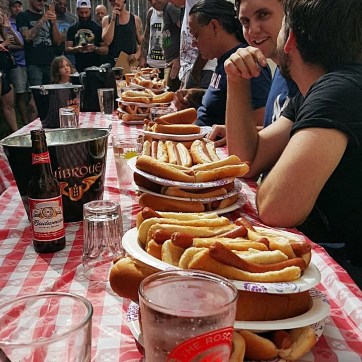 Some of the competitors at last year&#x27;s hot dog eating contest.