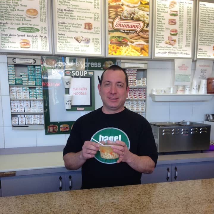 Frank Scola of Hawthorne&#x27;s Bagel Express with housemade chicken noodle soup.
