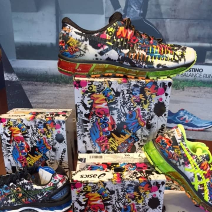 The Aspics limited edition shoe created for the New York City Marathon is available at the Rye Running Company. 