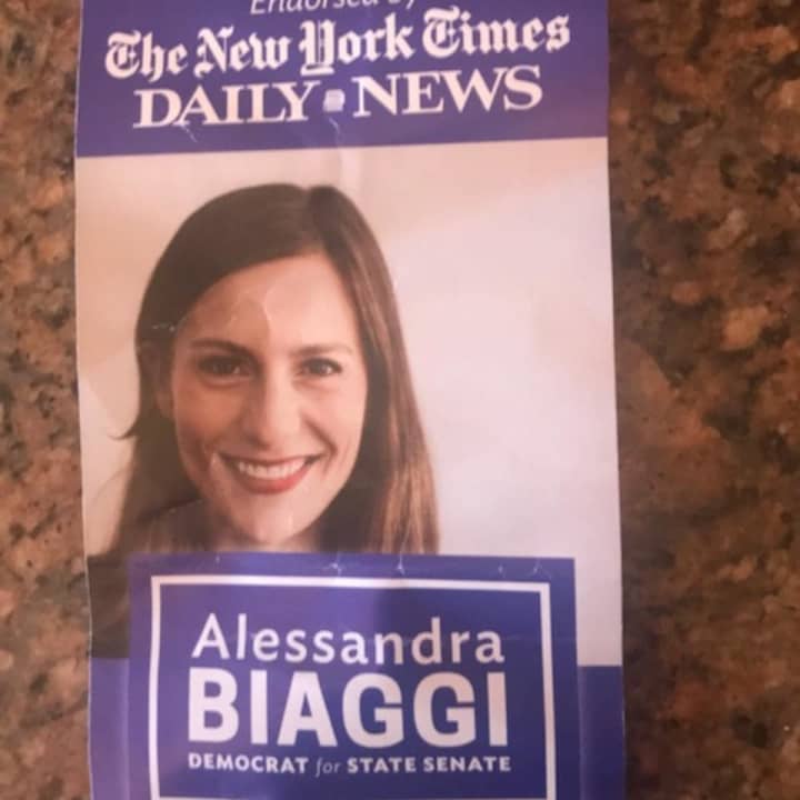 Alessandra Biaggi, a first-time Democratic candidate, handed out these flyers with campaign aides on Thursday before her upset primary victory over state Sen. Jeff Klein.