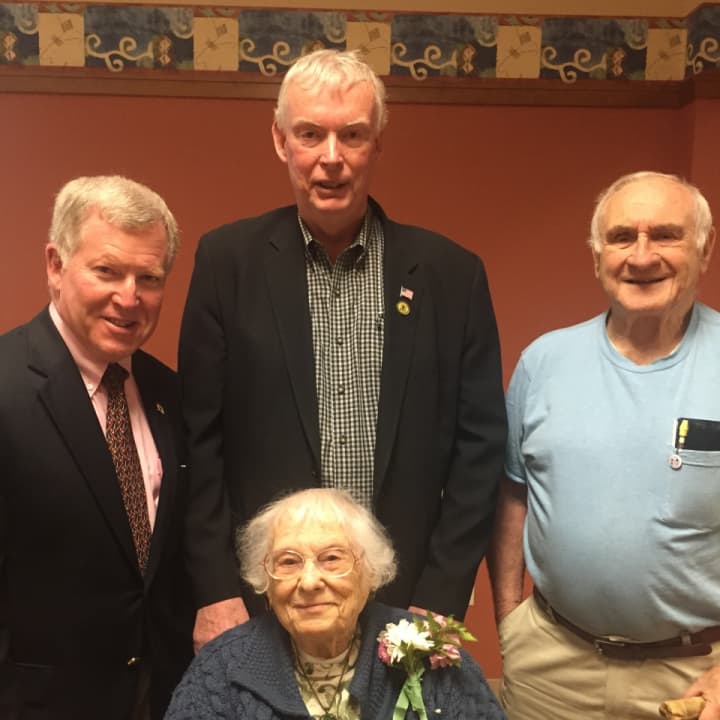 Posing with Mary Burdick are, from left, Sen. Bob Gordon, John Cosgrove and Marty Etler.