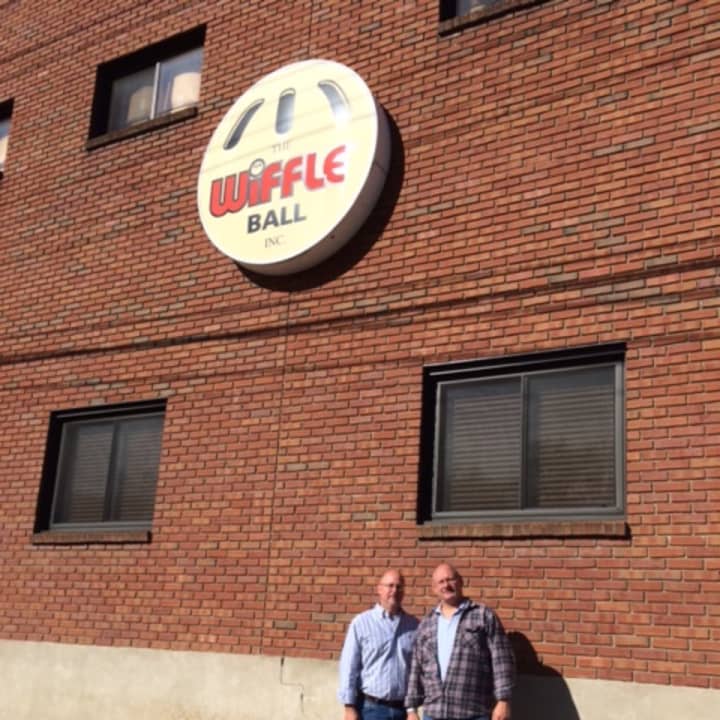 David and Stephen Mullany outside their Wiffle Ball factory in Shelton.
