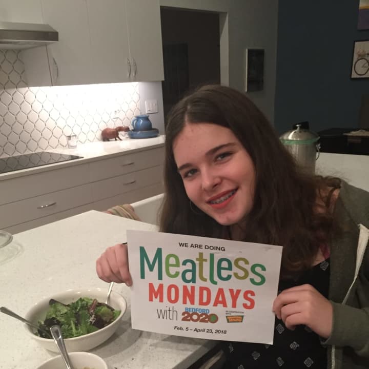 A Bedford 2020 Meatless Monday participant enjoying meatless lentil soup and salad.