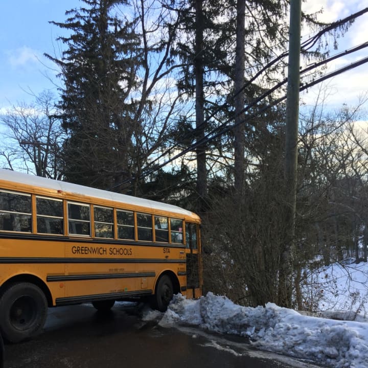 A Greenwich school bus nearly slid off the road on Taconic at North Street on Monday morning. Schools were not on a delay in Greenwich.